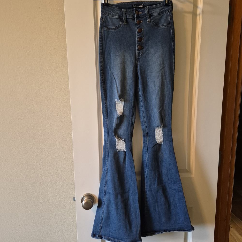 Fashion Nova Distressed Blue Flare Jeans